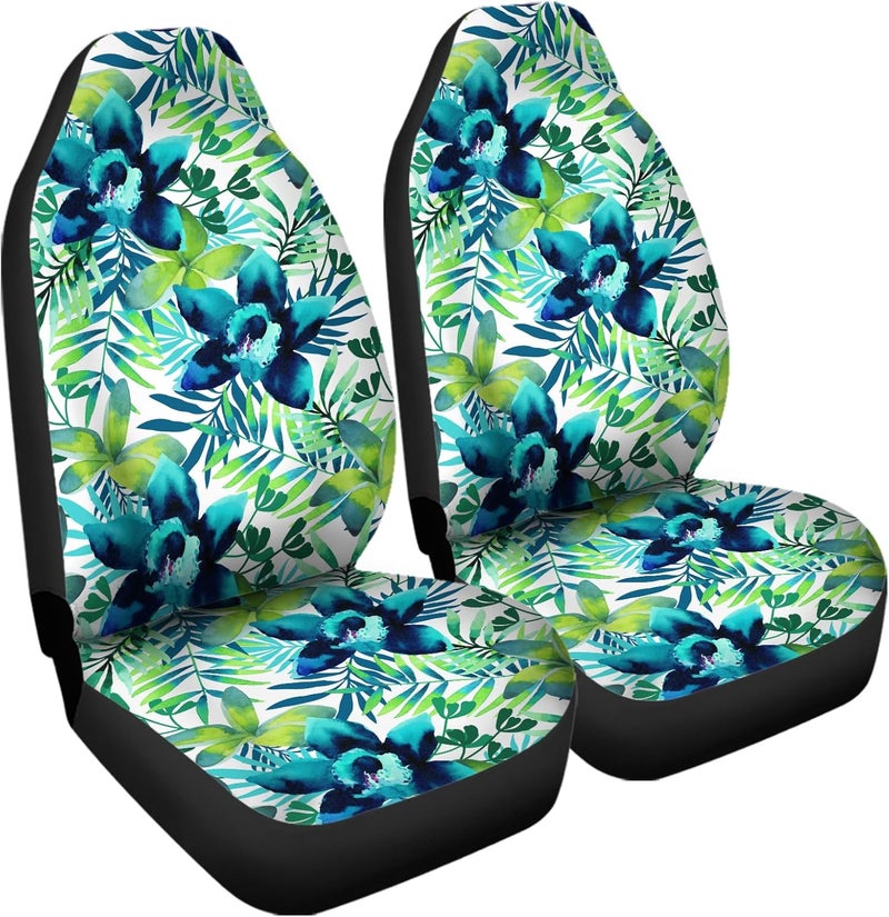 Howilath Universal Car Seat Covers Full Set of 2, Blue Hibiscus Floral Leaves Printed Auto Front Bucket Seats Protector Car SUV Interior Accessories - Image 2